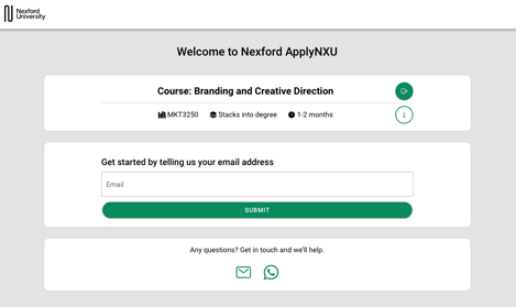 Screenshot of the first page of the course registration where your email is verified